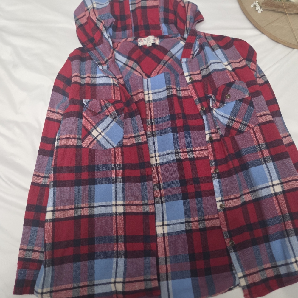Red and Blue Plaid Hooded Shirt